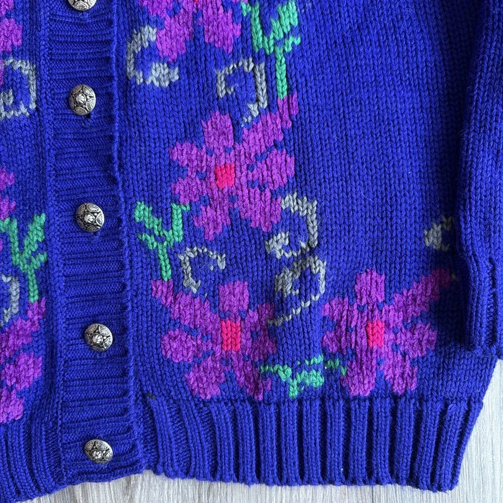 Vintage Ms Russ Purple Flower Silver Button Acrylic Wool‎ Cardigan Sweater Sz L